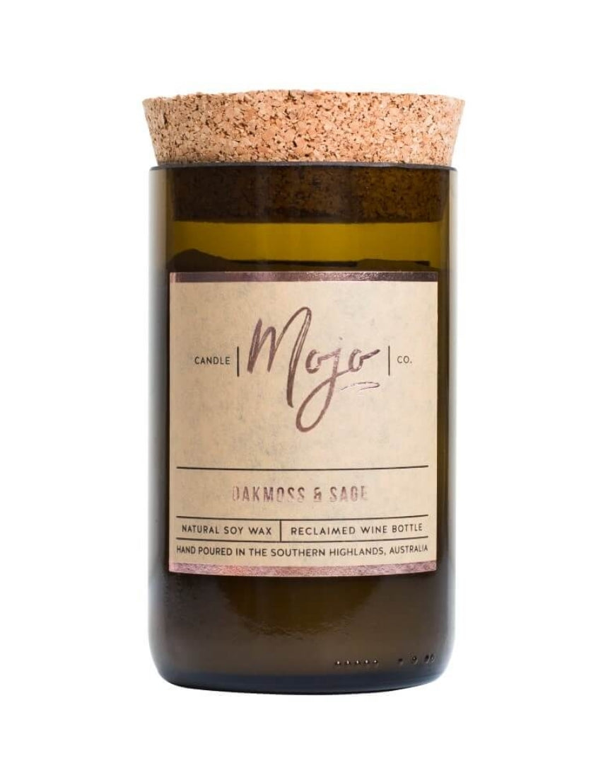 Mojo Candle Co. oakmoss and sage scented candle with natural wax and a simple glass jar.