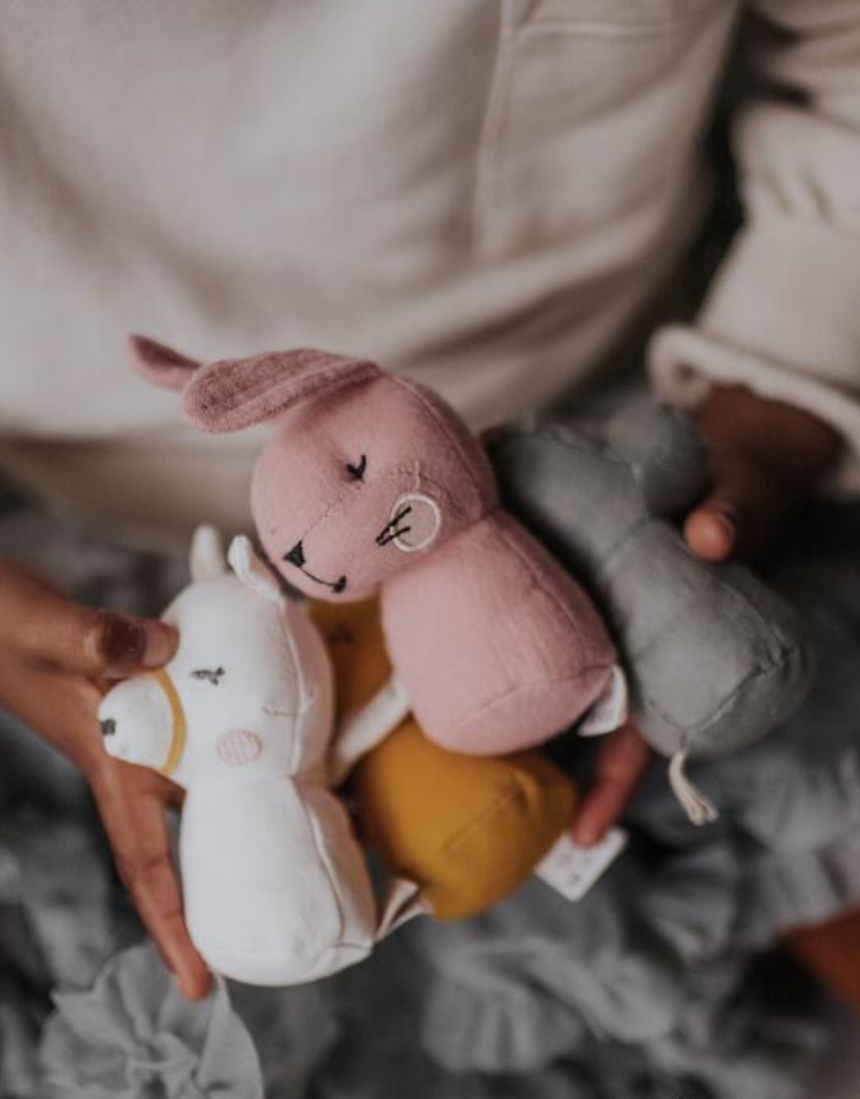 Picca Loulou Llama Mini Rattle for babies, soft fabric toy with a cute llama design, perfect for sensory play.