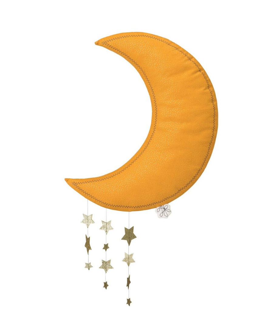 Yellow moon with stars wall hanging by Picca Loulou, decorative wall decor featuring celestial design and vibrant yellow colors.
