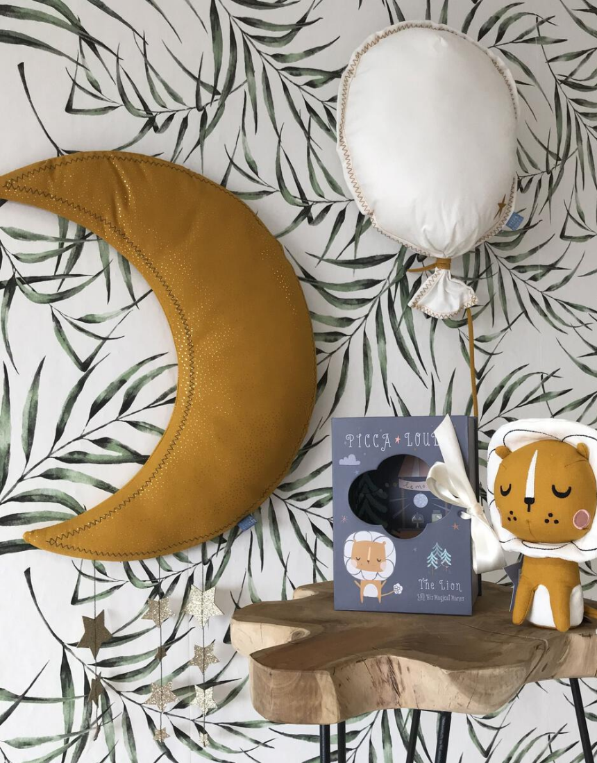 Picca Loulou yellow moon and star wall hanging decor, celestial-themed wall art with bright yellow moon and star details.