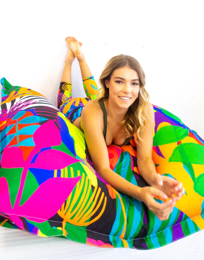 Riley Burnett Secret Garden bean bag chair with colorful fabric and plush cushion for comfortable seating.
