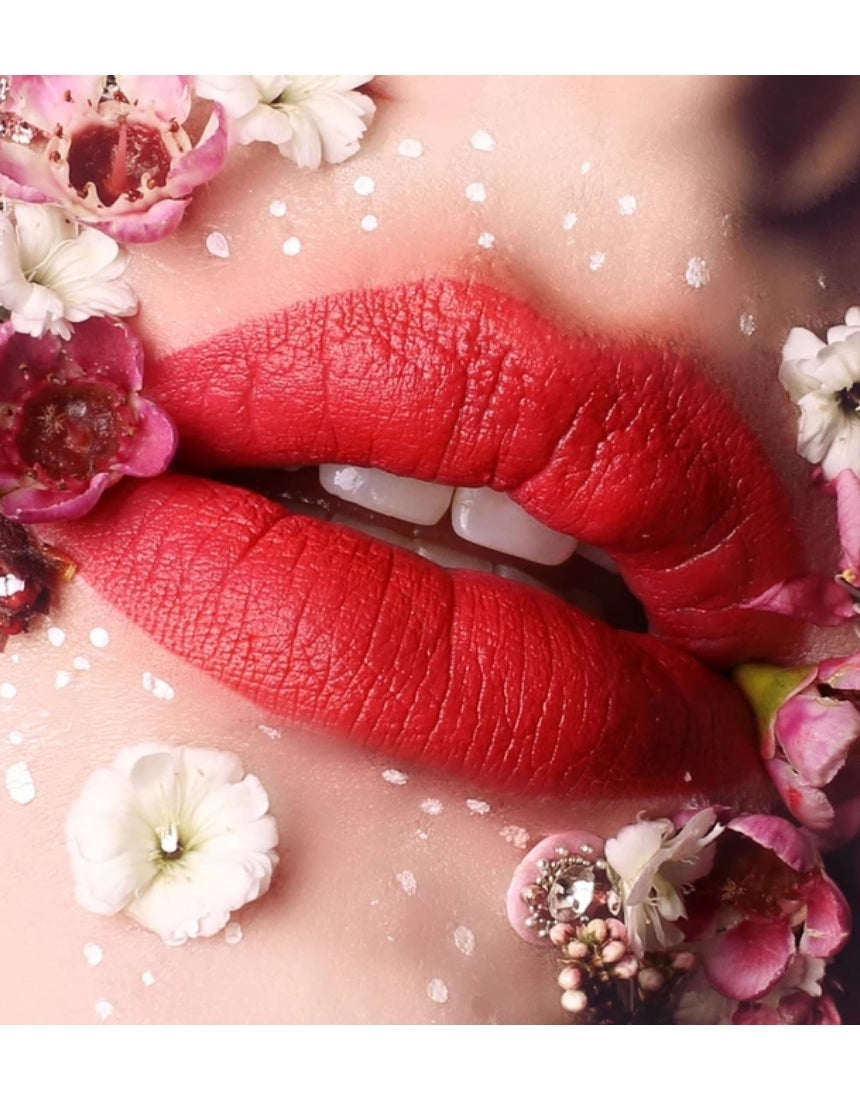 Suzy Lipsticks Miss Hannah Blood Red matte lipstick tube with deep red shade and black packaging.