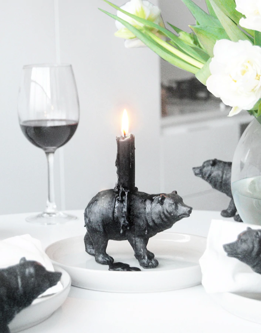 White Moose black bear candle holder, decorative ceramic candle holder featuring a bear design in black finish.