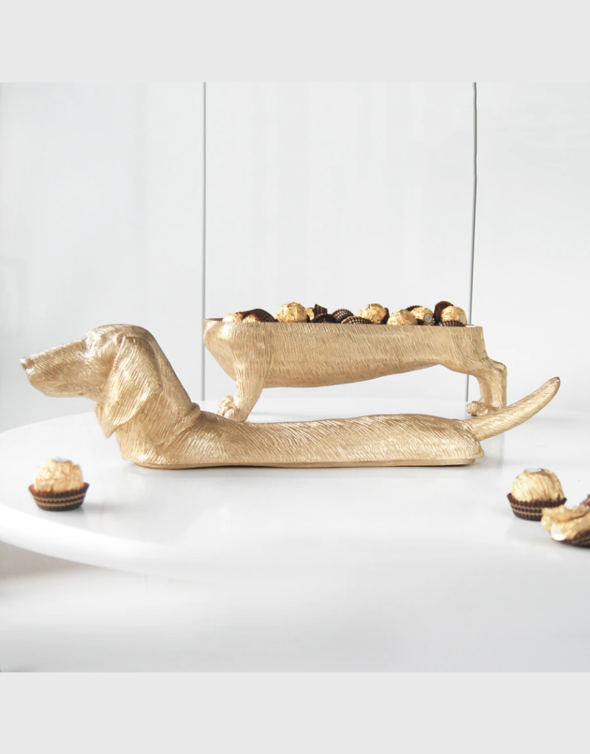 White Moose Dachshund Secret Bowl in gold, a stylish homeware piece with a dachshund design and elegant gold finish.