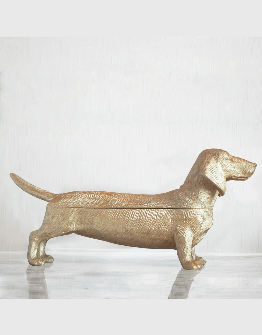 White Moose Dachshund Secret Bowl in gold, a stylish homeware piece featuring a charming dachshund design on a white background