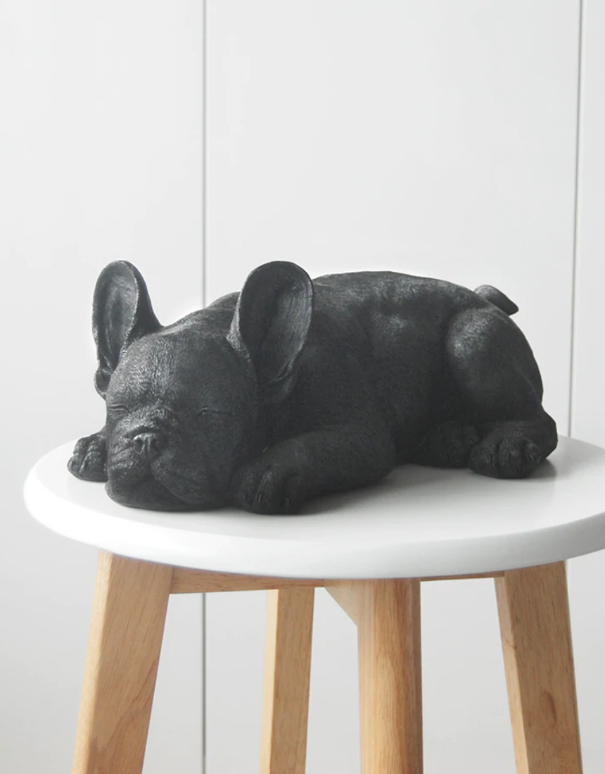 White Moose sleeping Frenchie homeware in black, featuring a cozy, detailed French Bulldog design for stylish home decor.