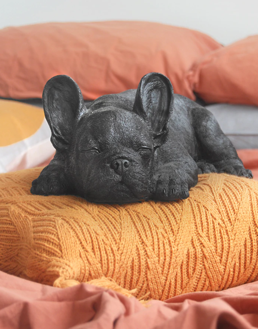 White Moose sleeping Frenchie homeware in black, featuring a cozy French Bulldog design for stylish home decor.