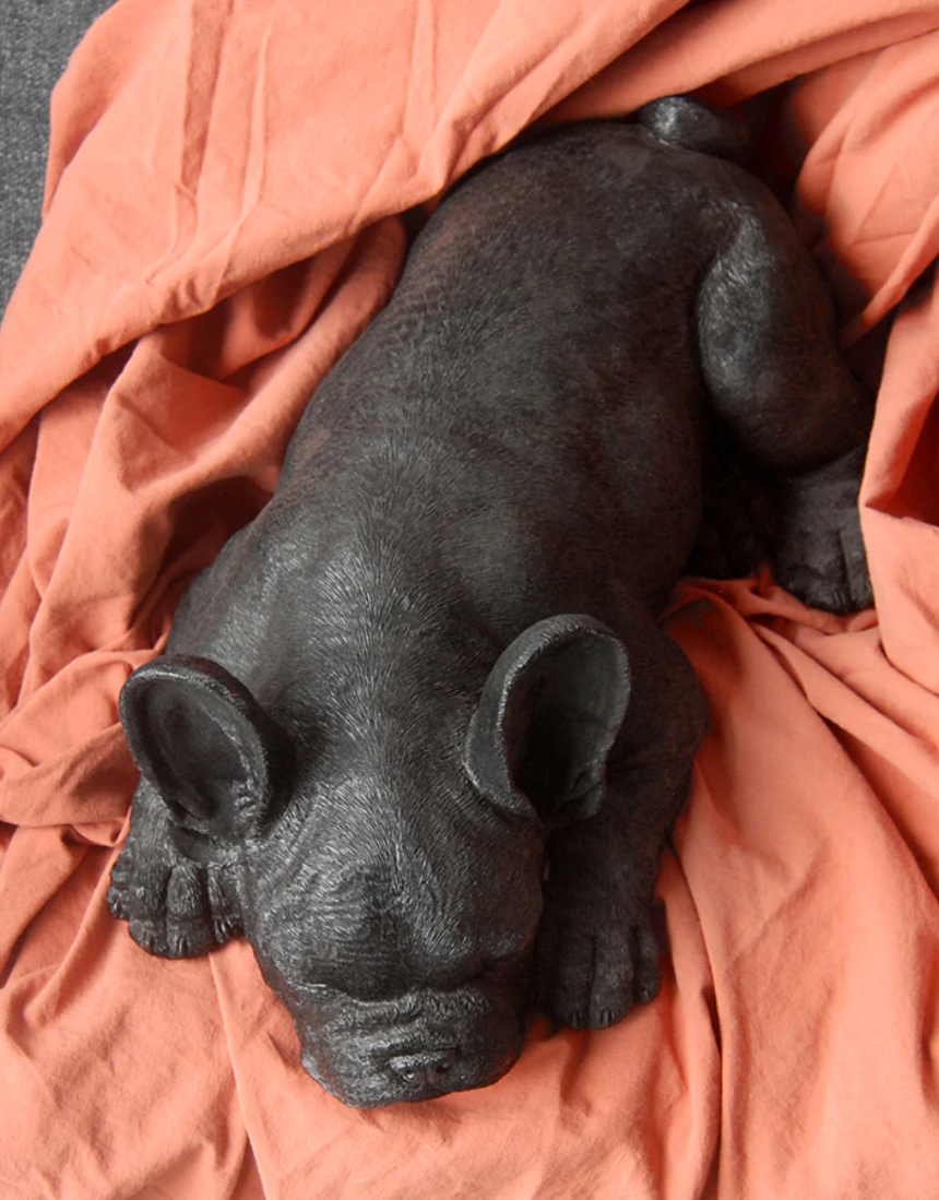 White Moose sleeping Frenchie homeware figurine in black, detailed ceramic sculpture of a peaceful French Bulldog.