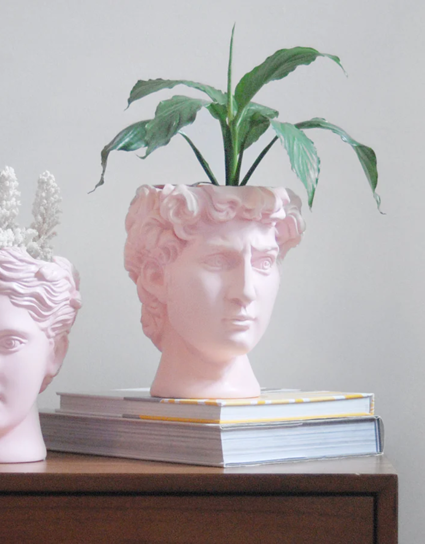 White Moose David vase and plant holder in pink, decorative ceramic container for flowers or plants