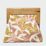 Yellow Bird Signature Medium Clutch with Wattle Tassie Oak frame, showcasing a sleek yellow clutch bag with natural wood accents.